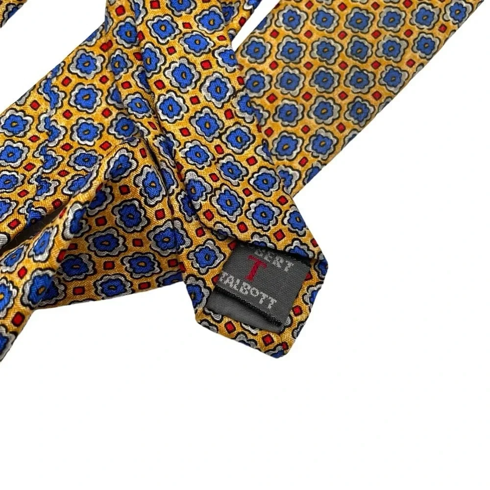 Robert Talbott Hand Sewn Silk Geometric Medallion Floral Necktie Yellow Blue
